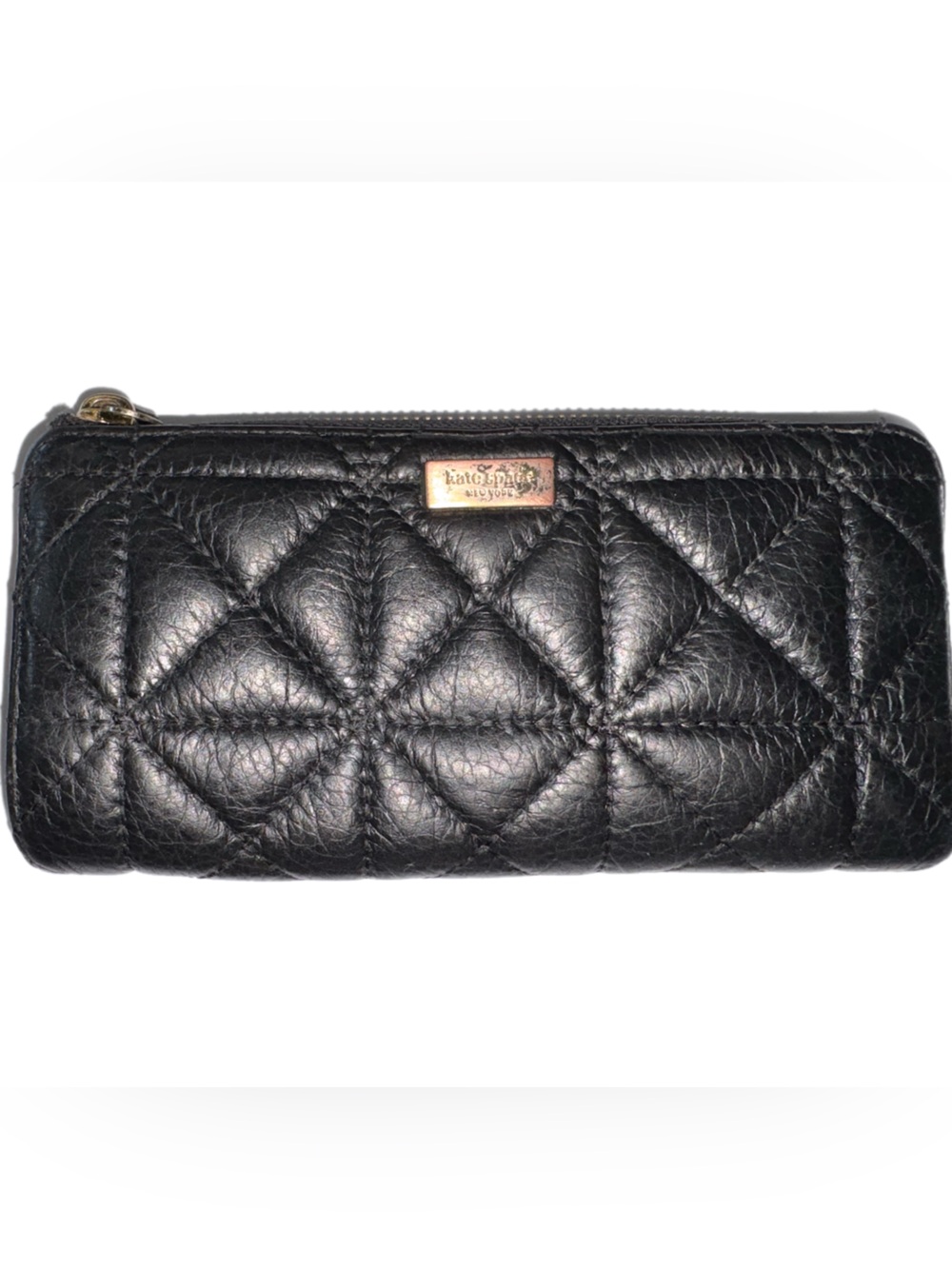 kate spade Black Quilted Leather Zip Wallet with Gold Plaque